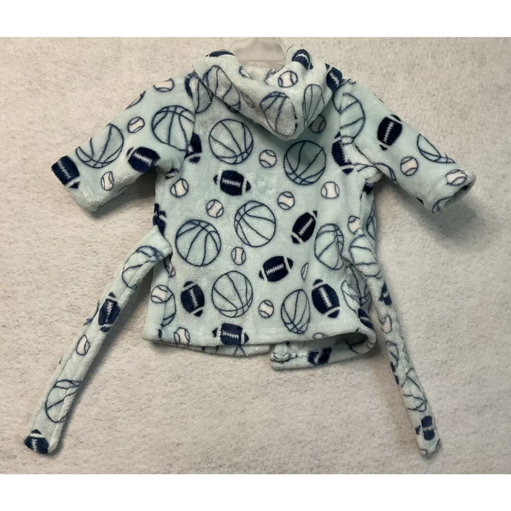 Baby Boys Hooded Bathrobe 0-9M Soft Fleece‎ Sports Balls Print Plush Robe Blue